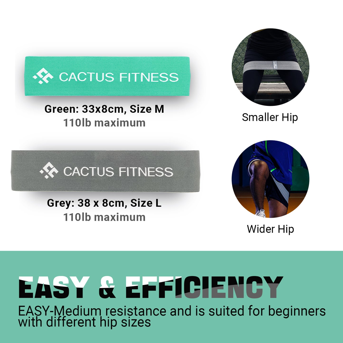 CACTUS FITNESS Resistance Non Slip Intermediate Power Bands Set 2pcs for Hips, Thighs,Legs,Butt,Glutes for Men and Women